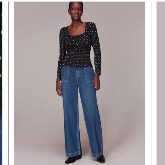 NWOT‎ Whistles Black Spot Square Neck Shirred Top Large - Picture 1 of 7